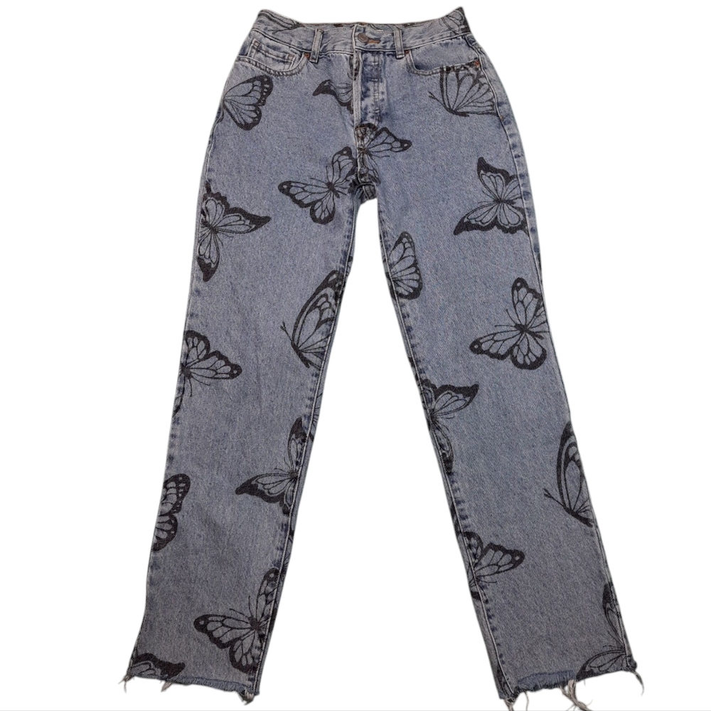 Pacsun Butterfly Print Raw Hem High Rise Crop Blue Jeans SZ 25